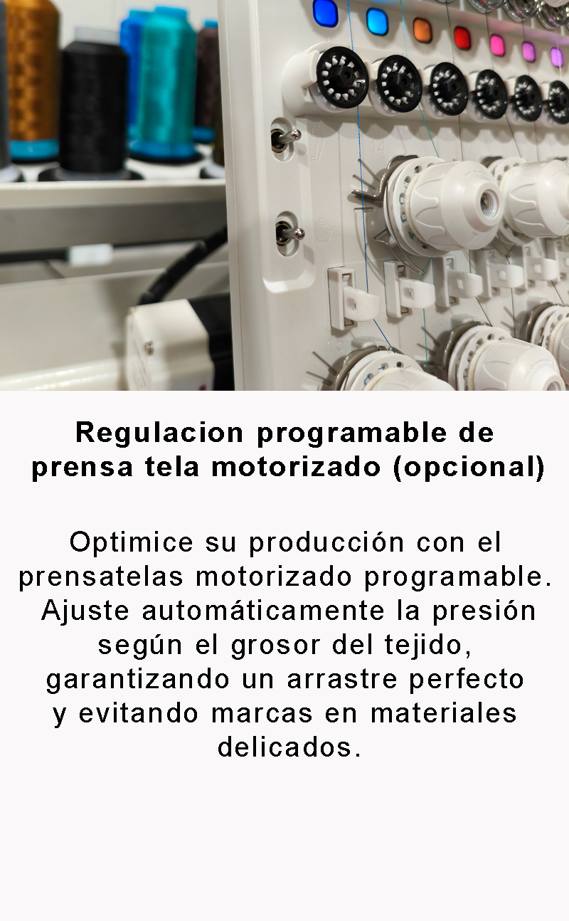 regulacion-prog-bordadorasindustriales-land-new1 Máquina de bordado industrial con múltiples tensores de hilo y bobinas de colores en primer plano