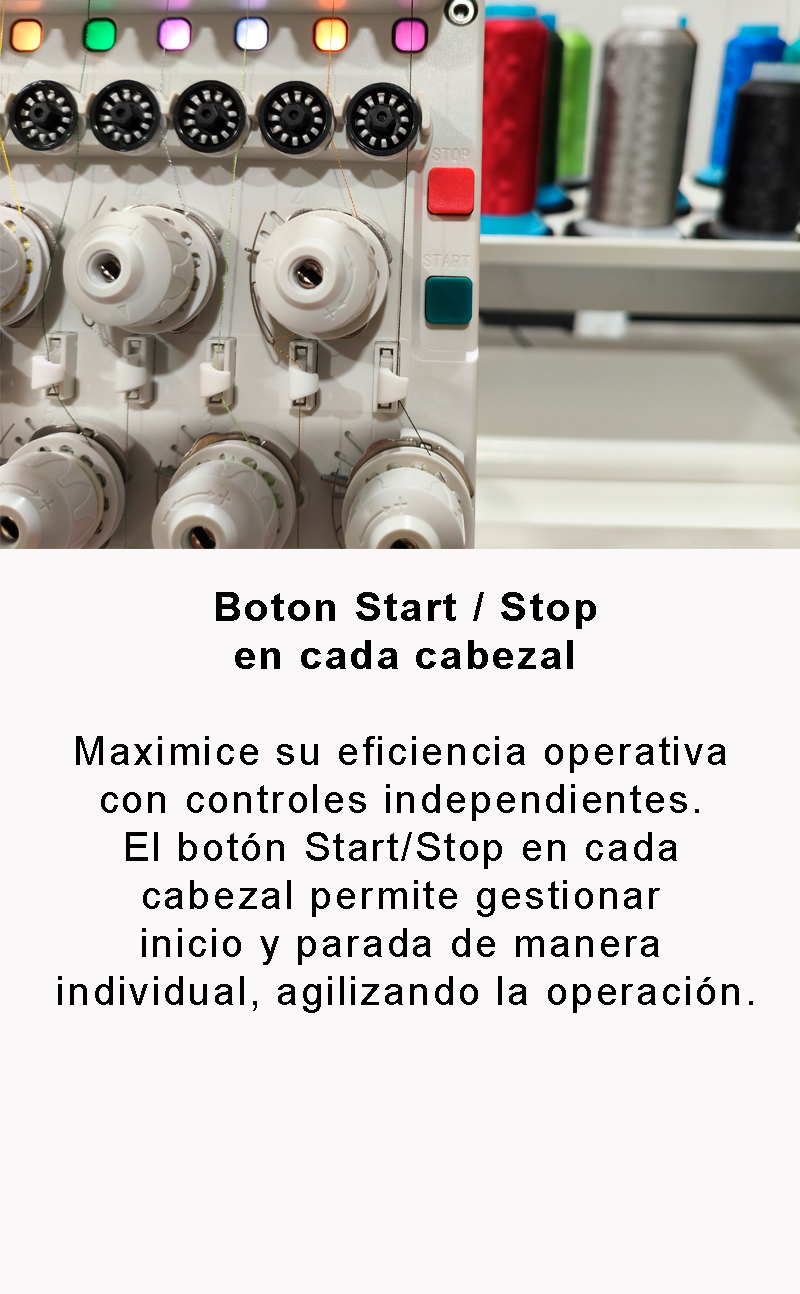 startstop-bordadorasindustriales-land-new1 Panel de control de bordadora con botones Start y Stop individuales por cabezal, junto a conos de hilo de colores