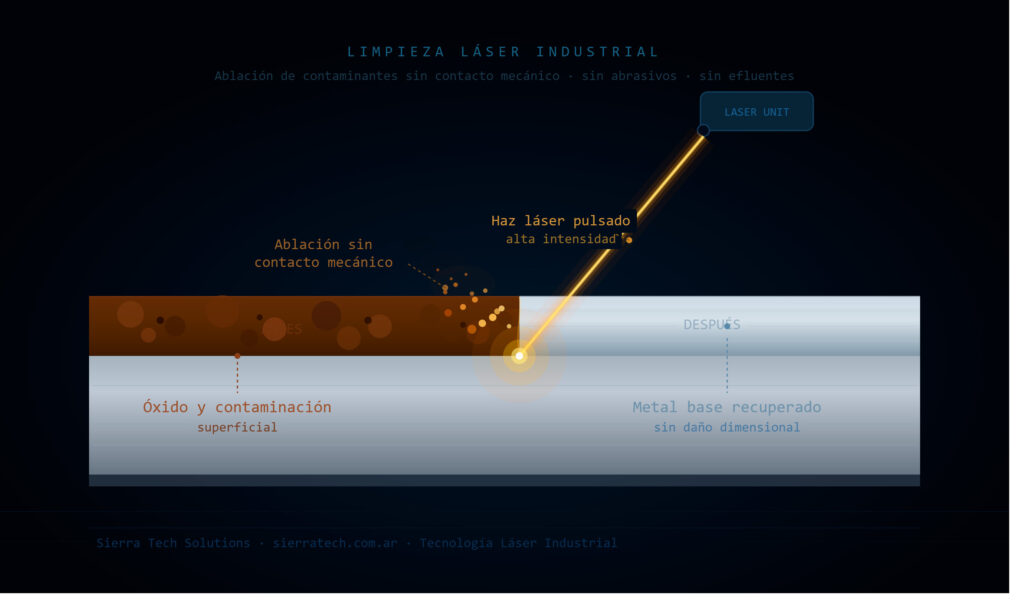 Limpieza láser industrial: proceso de ablación eliminando óxido de superficie metálica sin contacto